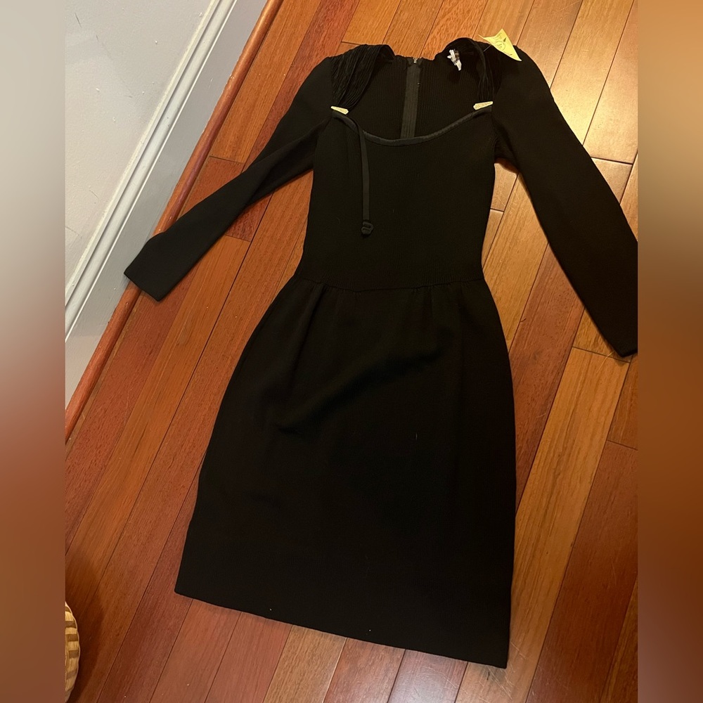 Vintage St.John sweater dress black with gold rhinestone detail.